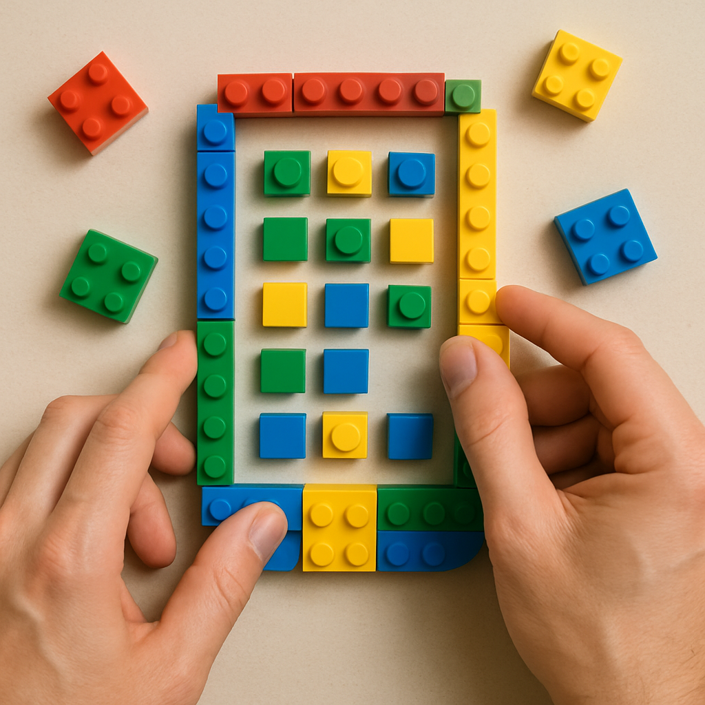 A colorful set of building blocks being clicked together to form a smartphone shape.