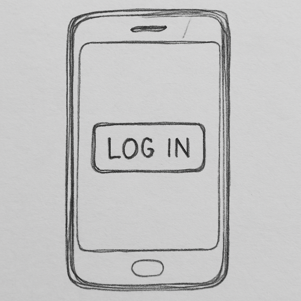 A hand-drawn sketch of a mobile phone screen on a piece of paper, showing a simple login button.