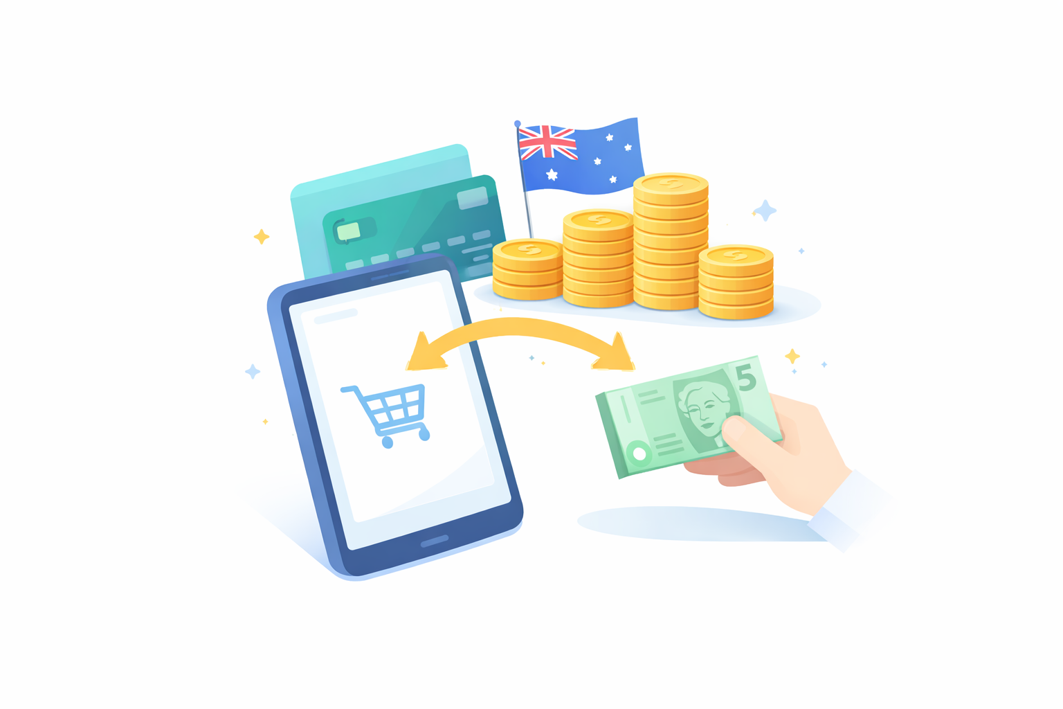 Minimal illustration of cashback concept showing a mobile shopping app returning money with coins and a hand receiving cash