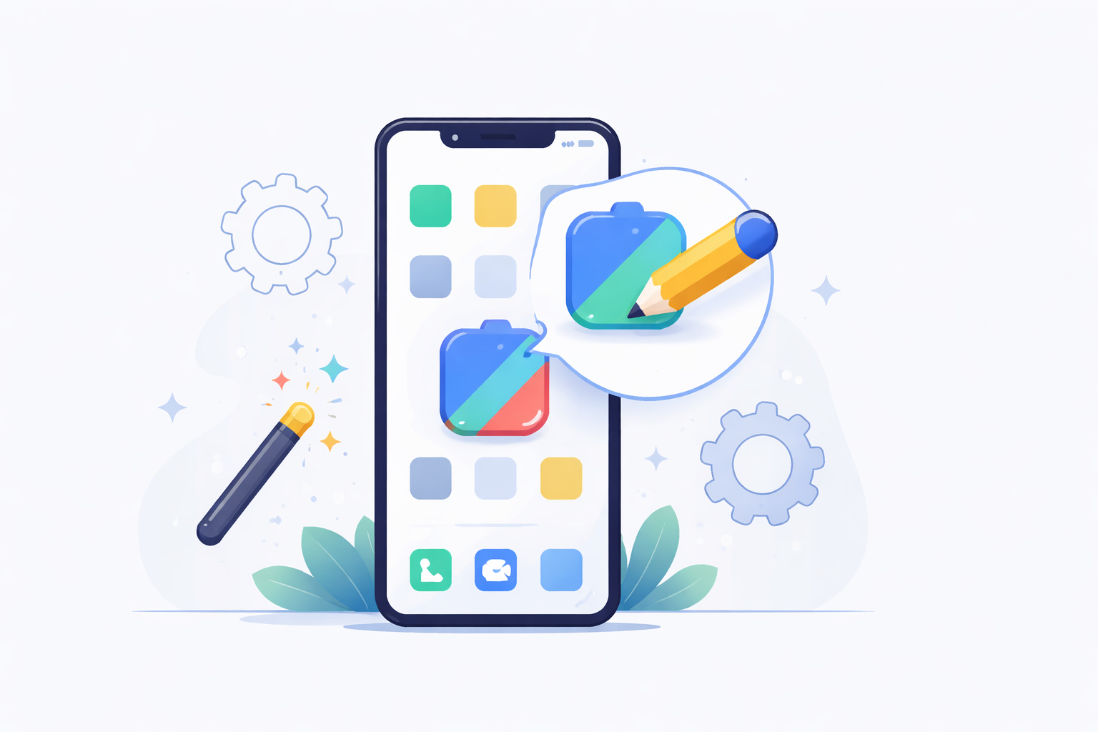Minimal illustration of a smartphone with a single app icon being edited, representing changing an app name and customization