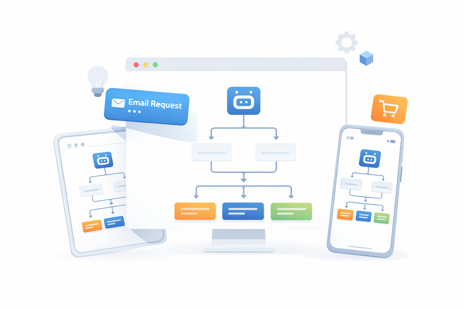 Minimal illustration of chatbot connected to multiple devices and systems representing integration with CRM and platforms