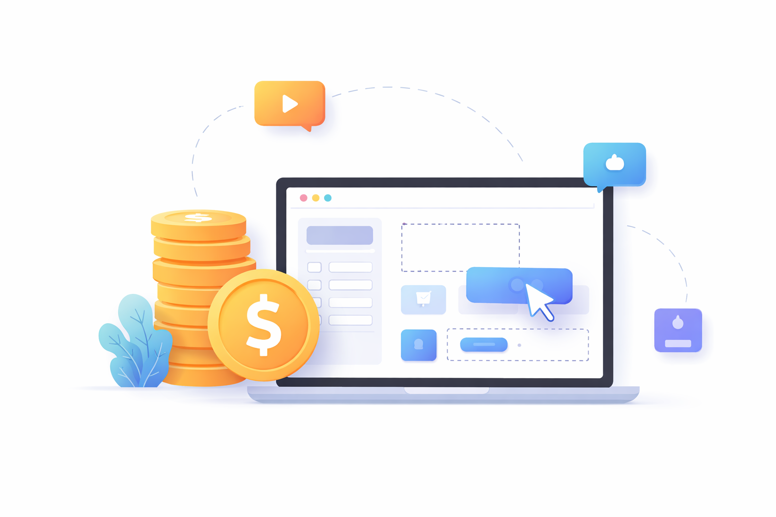 minimal illustration of cost-effective app development showing laptop with drag and drop builder and stack of coins representing affordability
