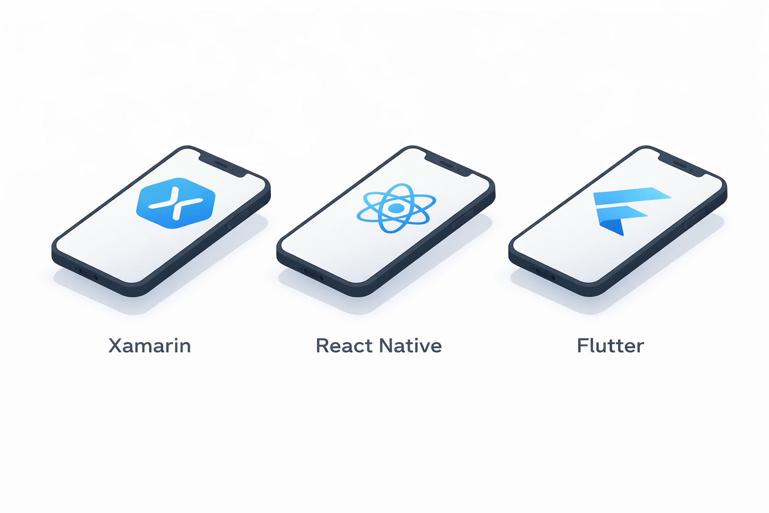 Minimal isometric illustration of cross-platform app development showing multiple smartphones representing unified mobile app frameworks