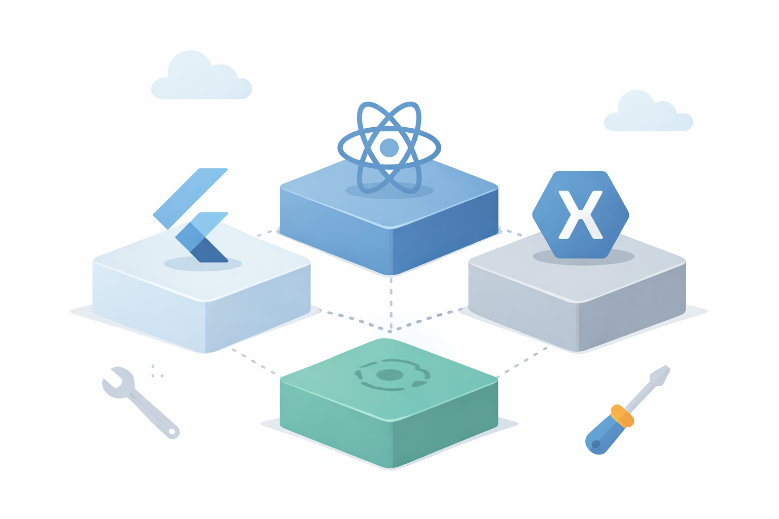 Minimal illustration of cross-platform app development tools showing three connected blocks representing frameworks used to build mobile apps from a single codebase