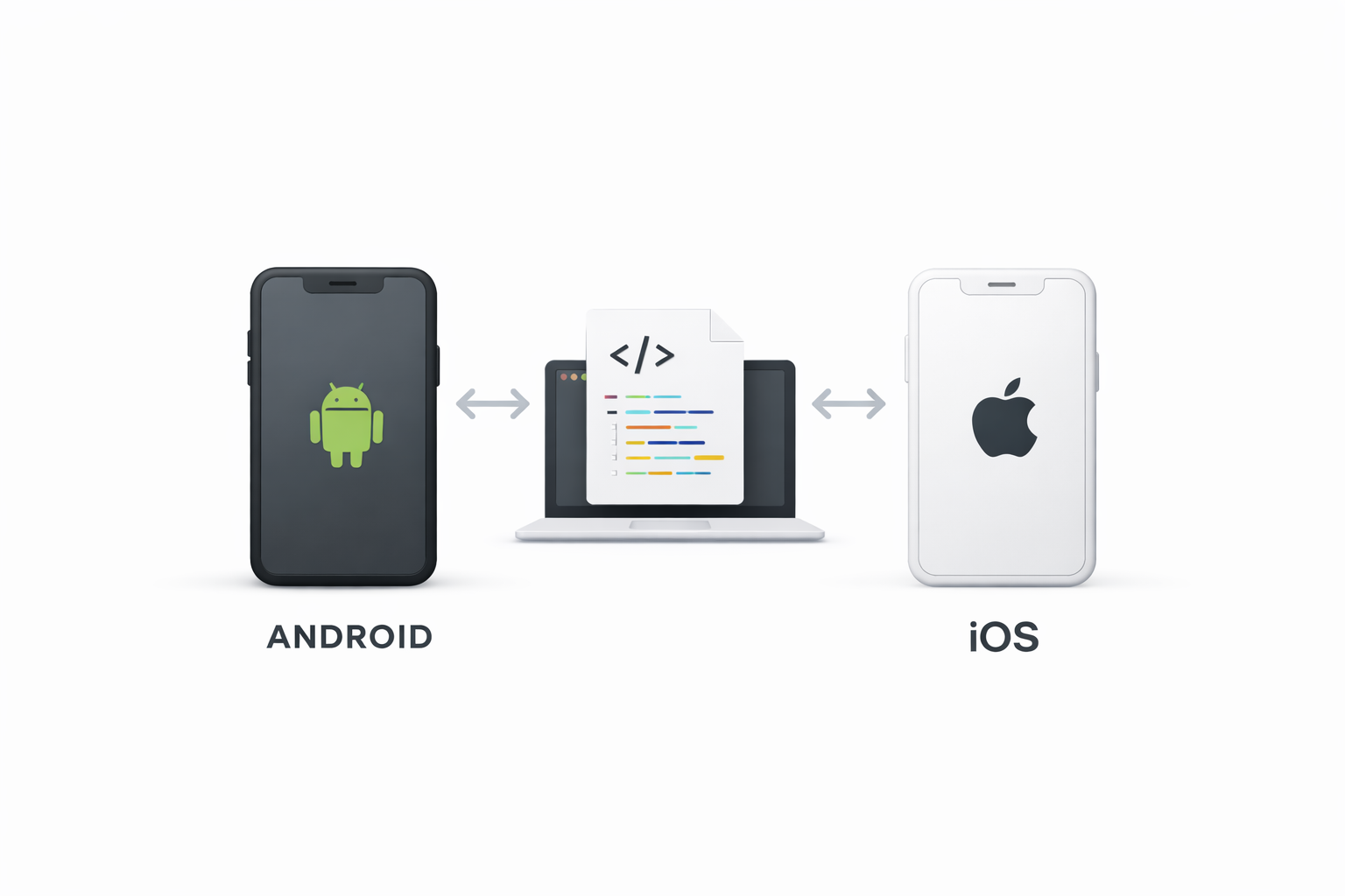 Minimal illustration of cross-platform mobile app development showing one codebase shared between Android and iOS devices