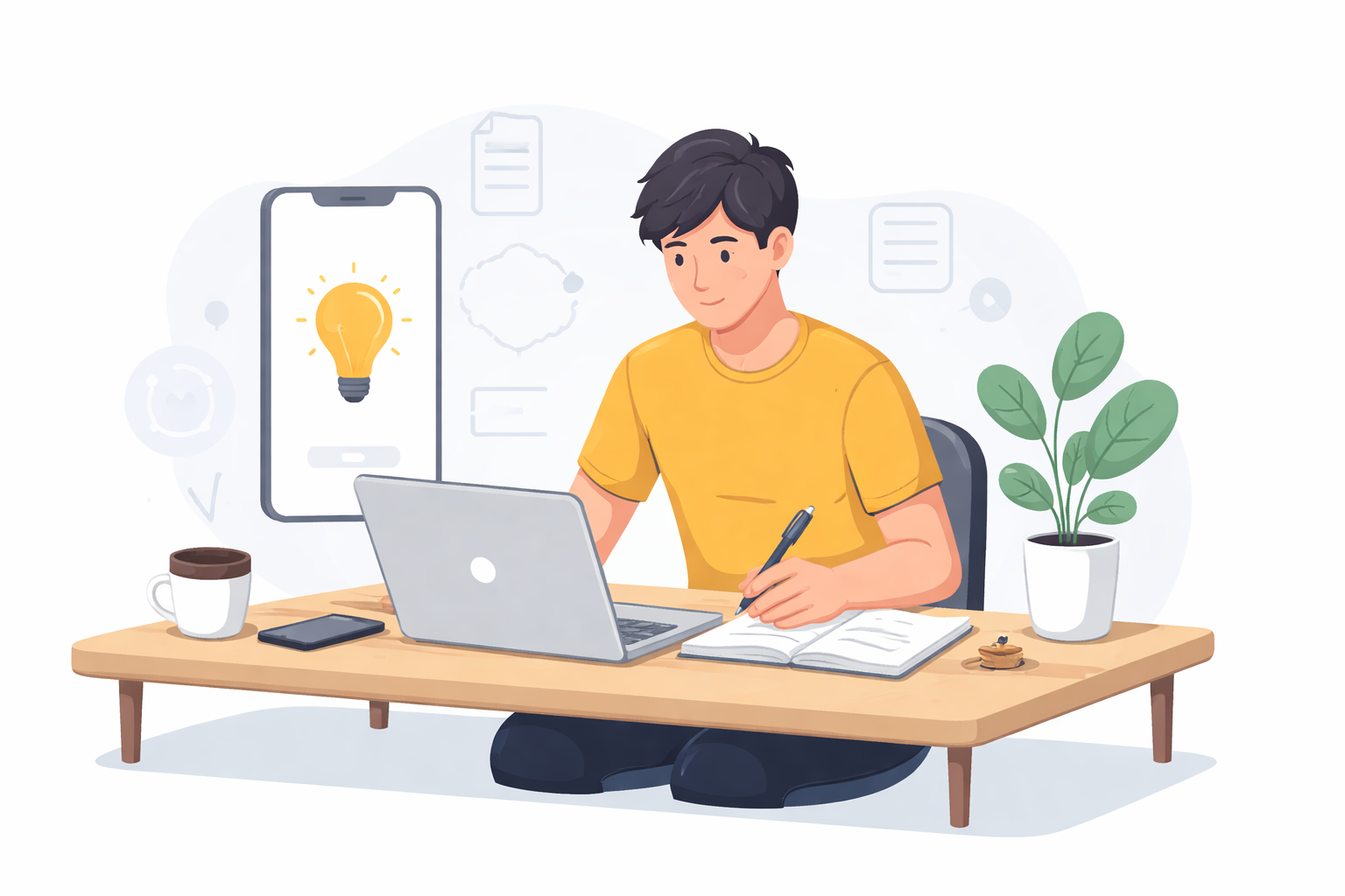 A young man in a yellow T-shirt working on app development, sitting at a neat desk with a laptop, notepad, coffee cup, and a smartphone displaying a lightbulb icon.