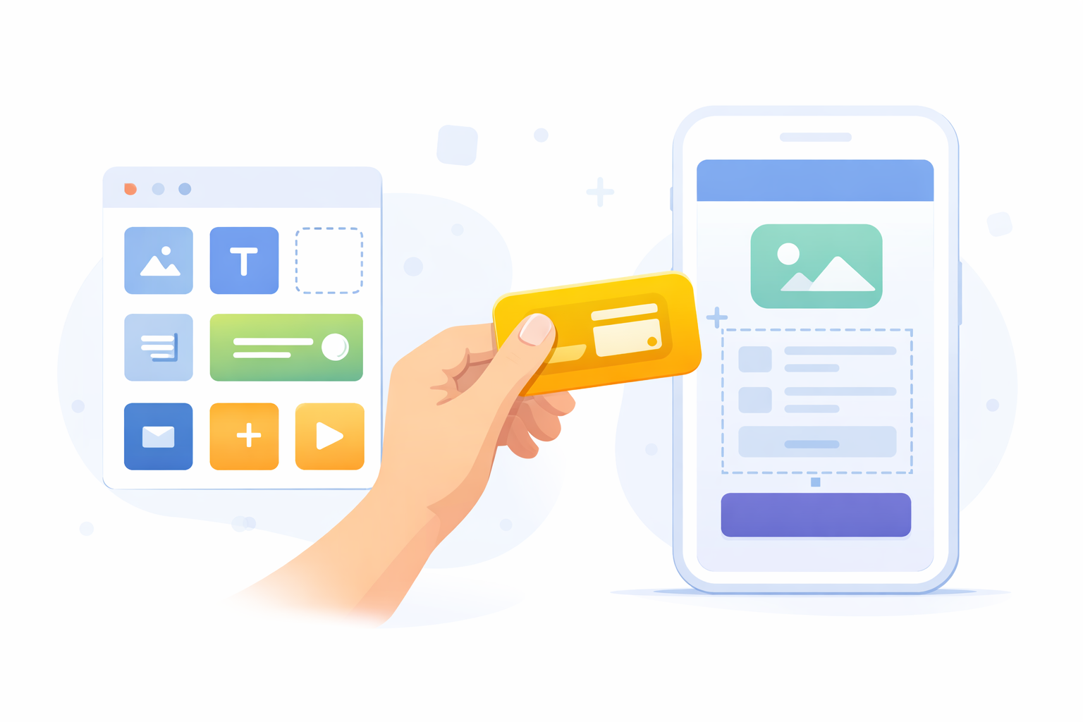 Minimal illustration of a drag-and-drop no-code app builder, with a hand placing a payment feature into a mobile app layout on a smartphone screen.
