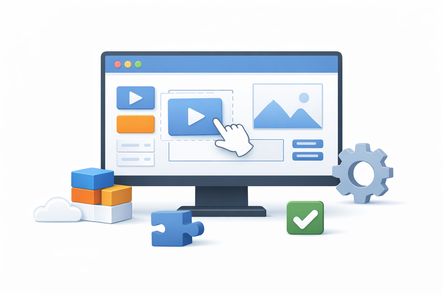 Minimal flat illustration of drag-and-drop no-code builder interface with simple UI blocks on a desktop screen