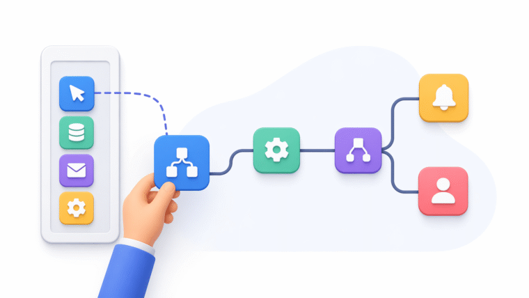 Minimal illustration of drag-and-drop workflow automation with a hand placing a block into a connected process flow