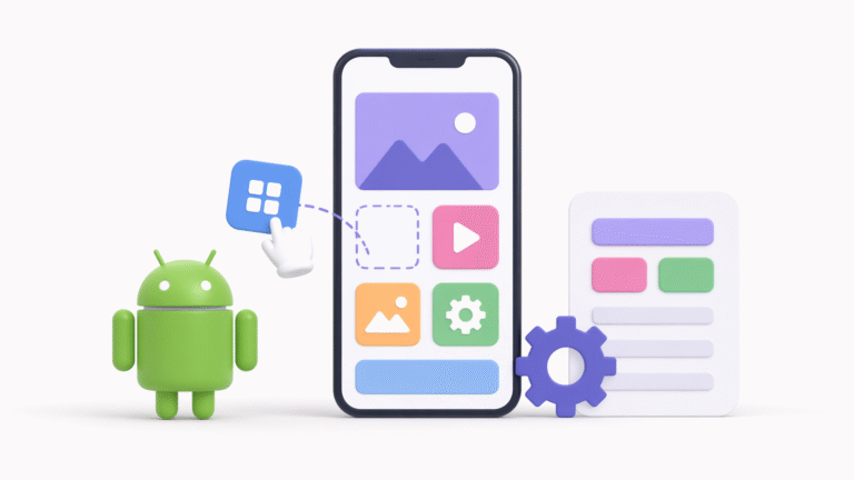 Minimal 3D illustration of Android app development with a smartphone displaying simple UI blocks, a drag-and-drop element, and an Android mascot on a clean light background