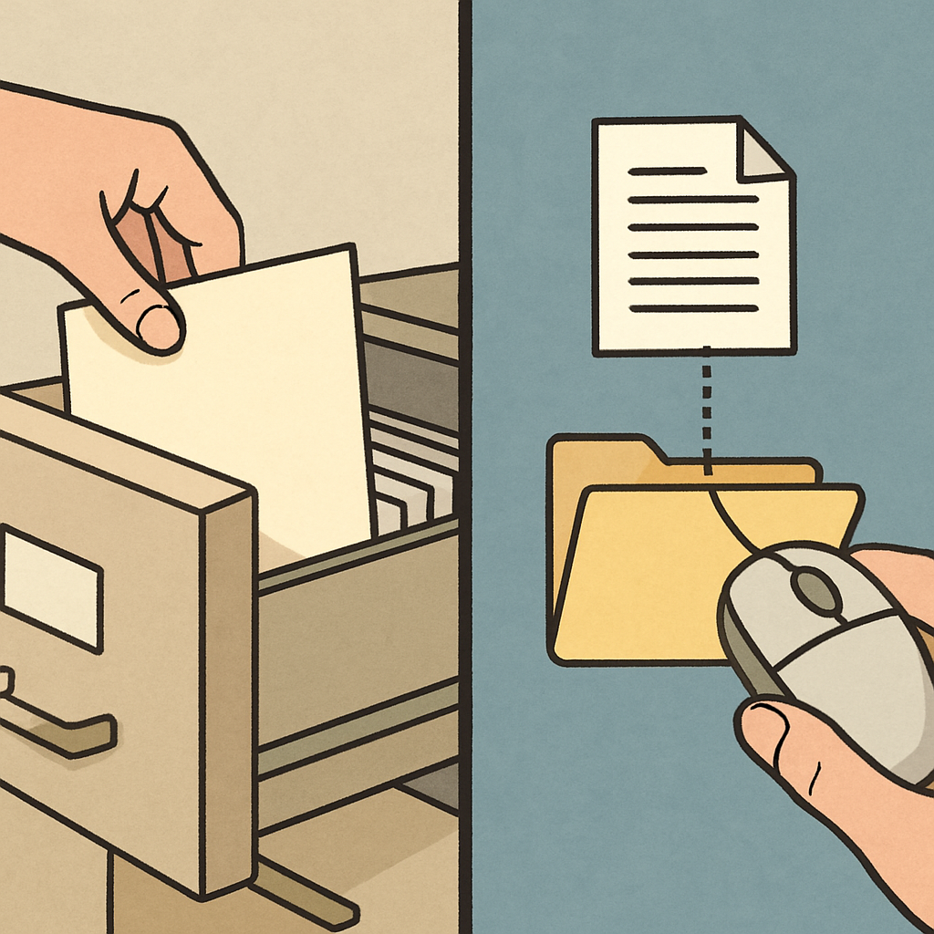 A split-screen illustration showing a hand placing a paper file in a drawer on the left, and a mouse dragging a digital icon into a folder on the right.