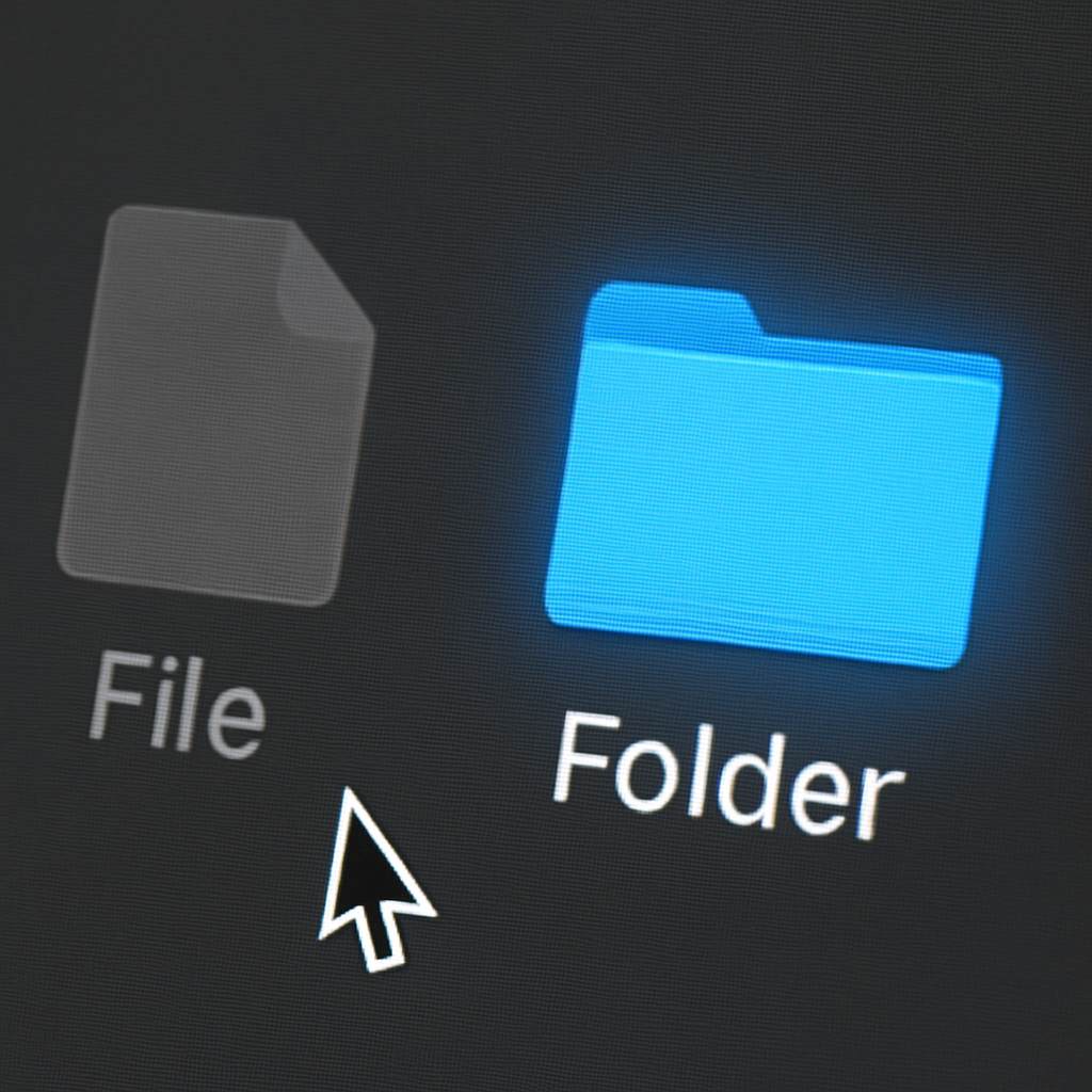A close-up of a digital interface where a selected file icon is translucent (ghosted) and a target folder is highlighted with a soft blue glow.
