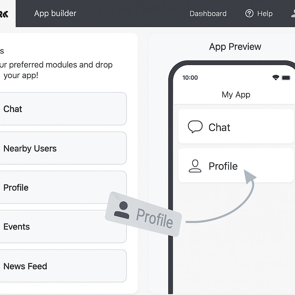 A screenshot of the nandbox dashboard showing 'drag-and-drop' modules like 'Chat' or 'Profile' being added to an app preview.