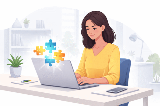 A professional working at a minimalist desk with a laptop, where colorful puzzle pieces assemble on the screen, symbolizing the power of AI tools for non-coders.