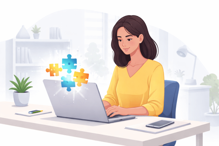 A professional working at a minimalist desk with a laptop, where colorful puzzle pieces assemble on the screen, symbolizing the power of AI tools for non-coders.