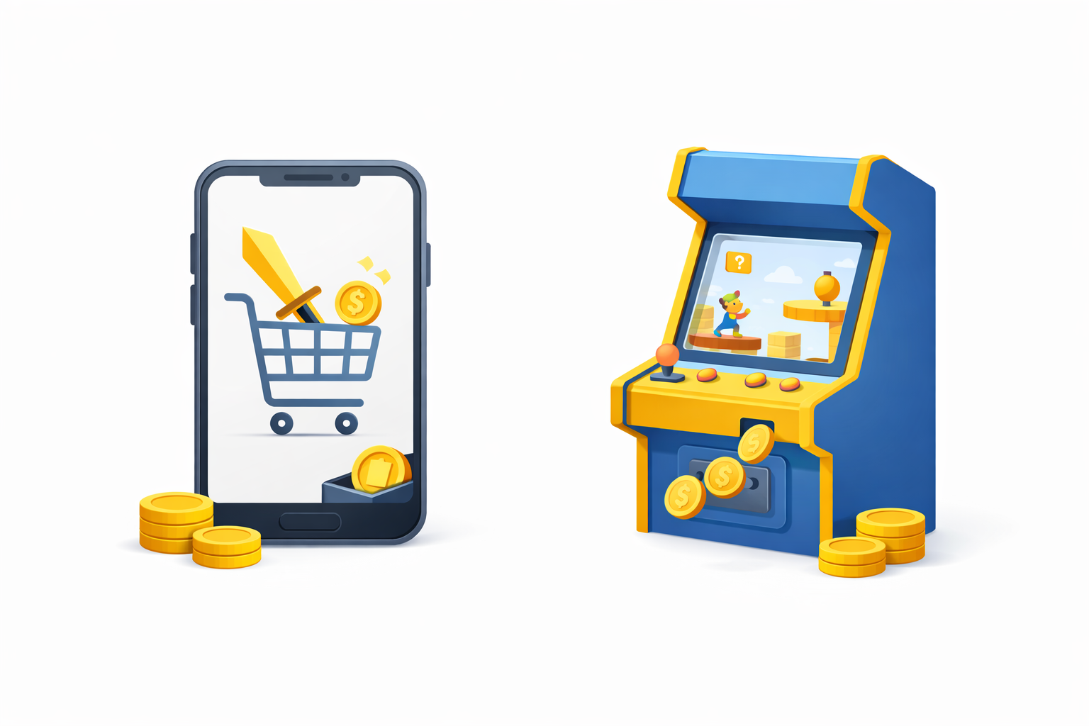 Simple isometric illustration of a free mobile app using arcade-style microtransactions, with a smartphone, virtual items, coins, and a compact game machine.