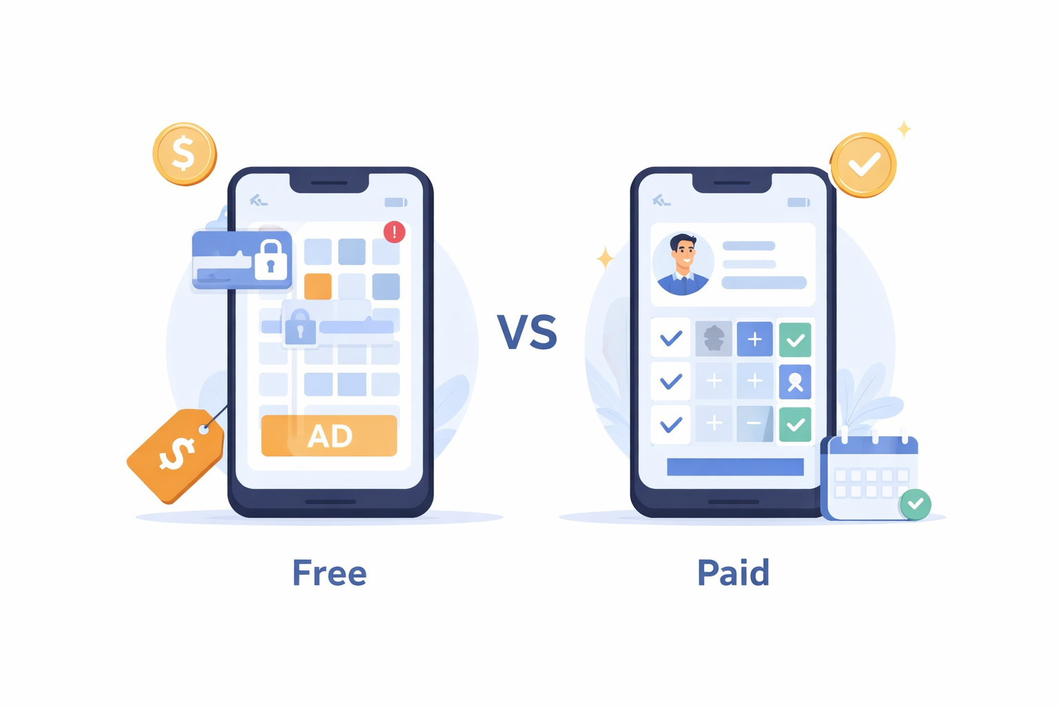 Minimal comparison of free vs paid barber booking software apps showing limitations versus full features and scalability