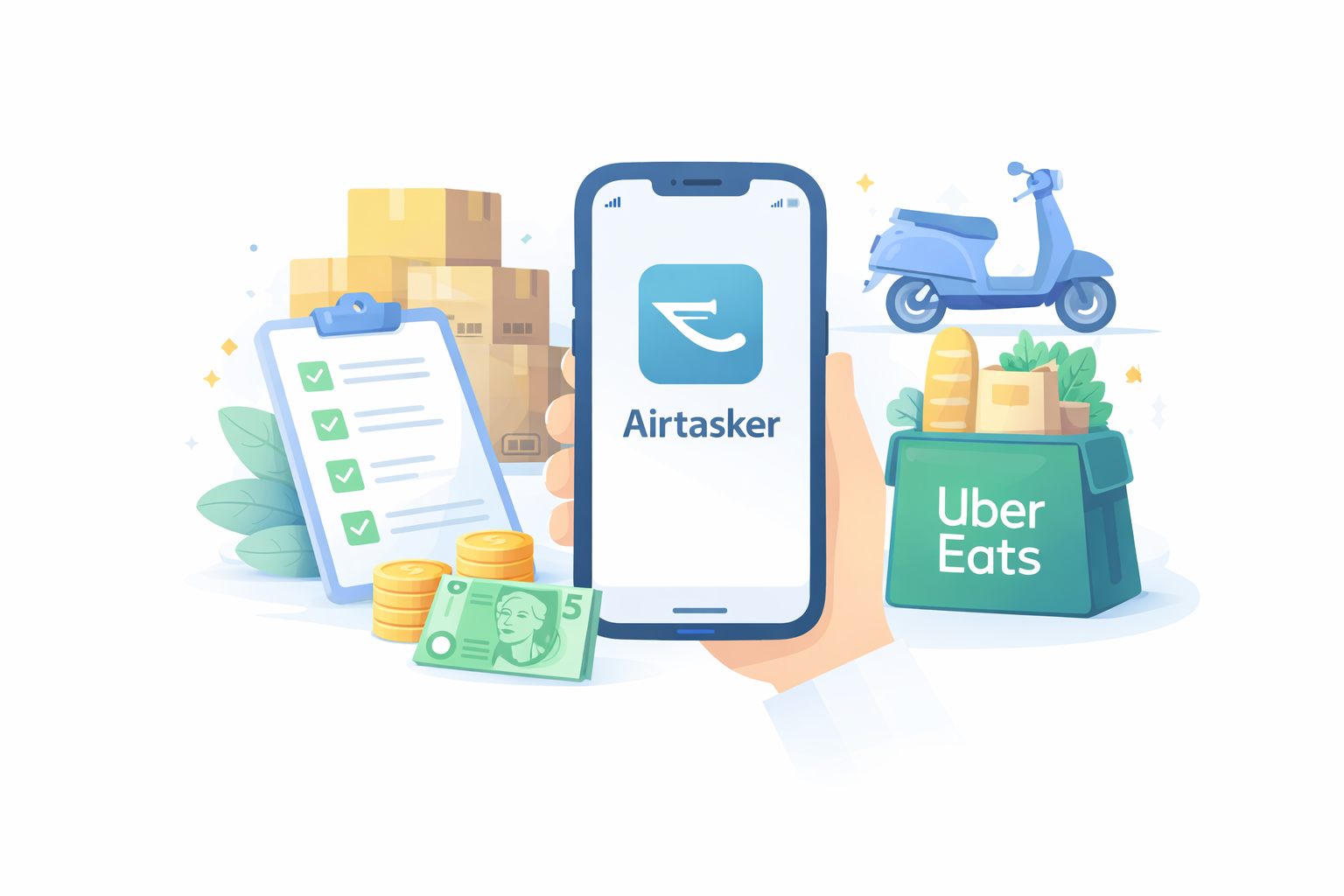 Minimal illustration of gig economy apps showing a person earning money through delivery and task work using a smartphone