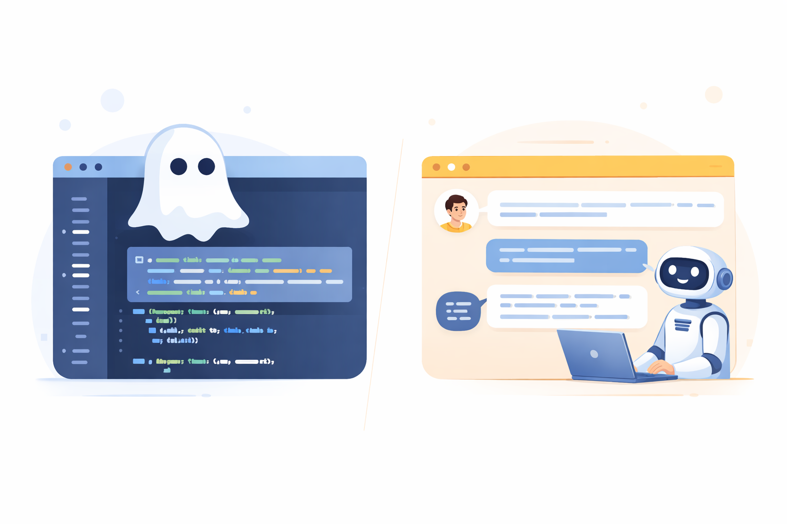 Minimal split-screen illustration comparing an in-editor AI coding assistant with a chat-based AI consultant for software development.