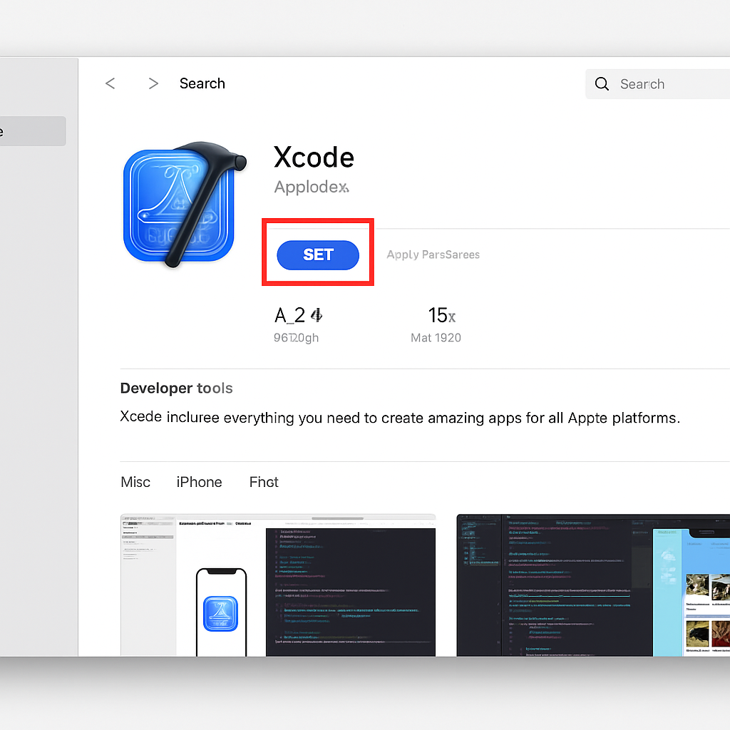 A screenshot of the Mac App Store showing the Xcode download page with the 'Get' button highlighted.
