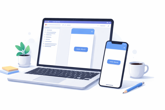 Minimal 3D illustration of a MacBook and iPhone showing a simple app interface, representing how to make an iPhone app for free with Xcode.