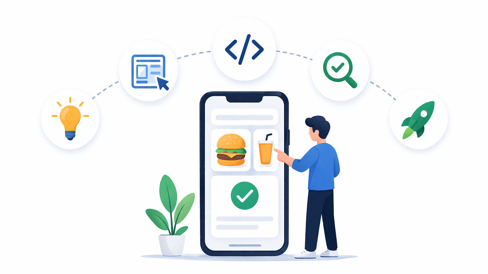 Minimal illustration of a user-friendly mobile app interface design process showing a smartphone with simple food ordering screens and clean UI elements for intuitive user experience