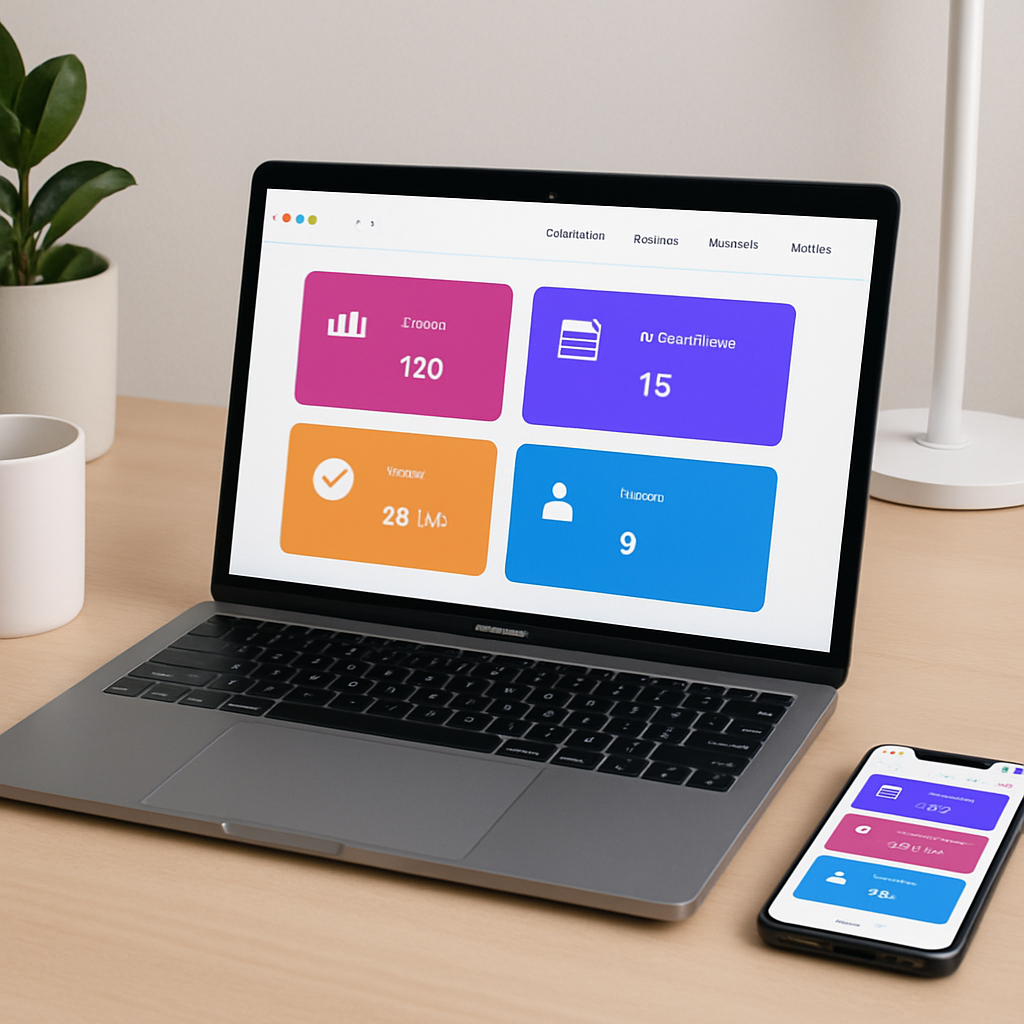 A clean, modern desk setup with a MacBook showing a colorful app interface and an iPhone resting beside it.