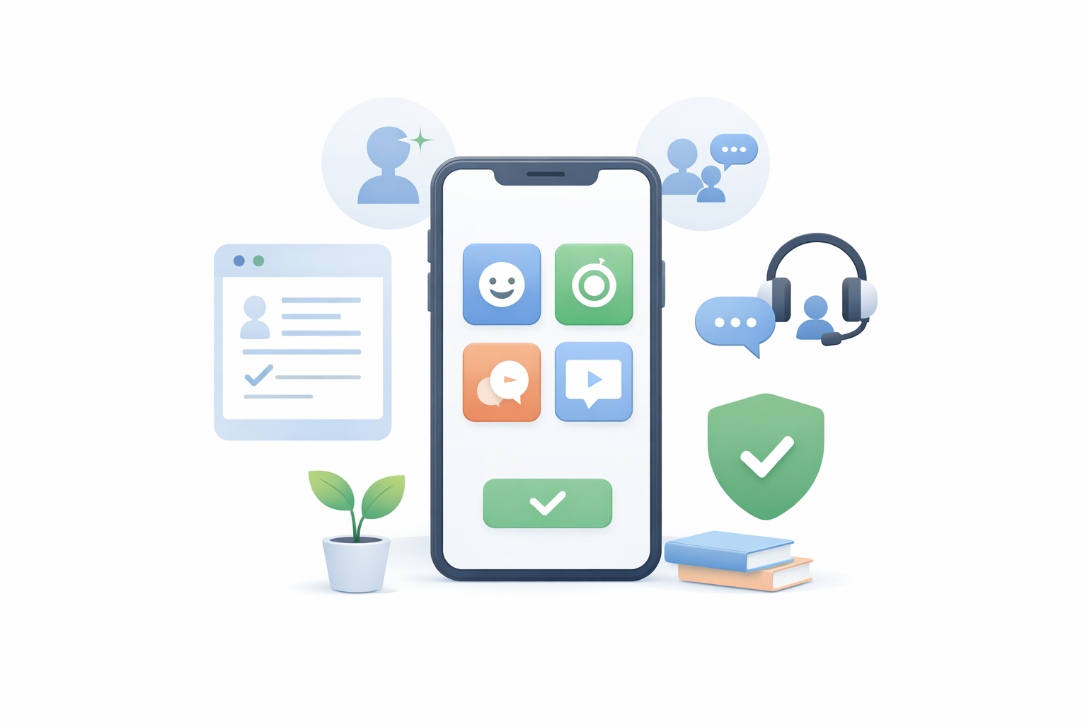 Simple user interface design of a mental health app showing key features like mood tracking, support chat, and personalization in a clean layout