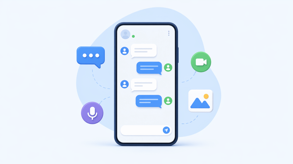 Minimal 3D illustration of a smartphone displaying a messaging app with chat bubbles, voice, video, and media icons representing communication features