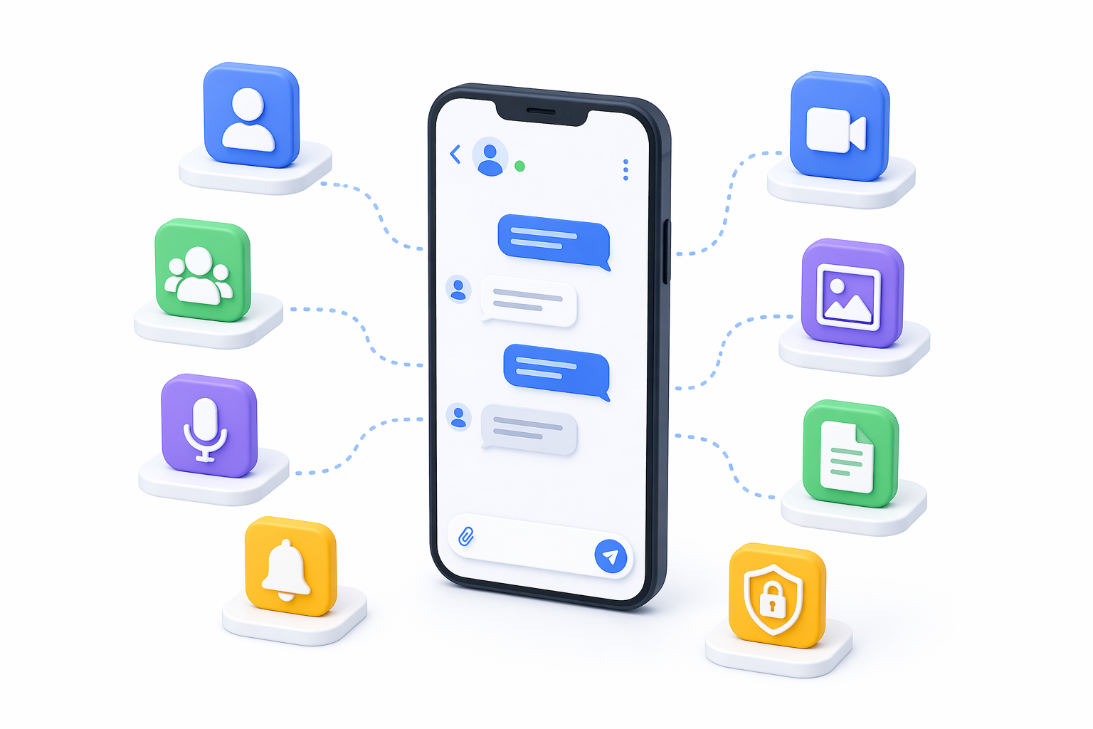 Minimal 3D illustration of a messaging app ecosystem showing a smartphone connected to icons for chat, media, notifications, calls, and security features
