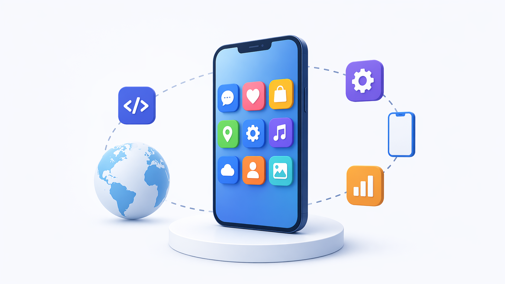 Minimal 3D illustration of a smartphone surrounded by simple app icons representing mobile app development ecosystem