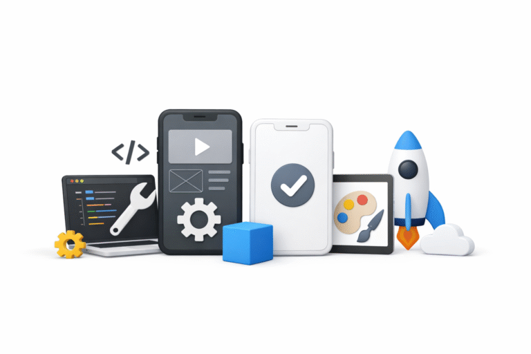 Minimal 3D illustration of mobile app development tools with smartphones, coding laptop, gear icon, and rocket launch on a clean white background