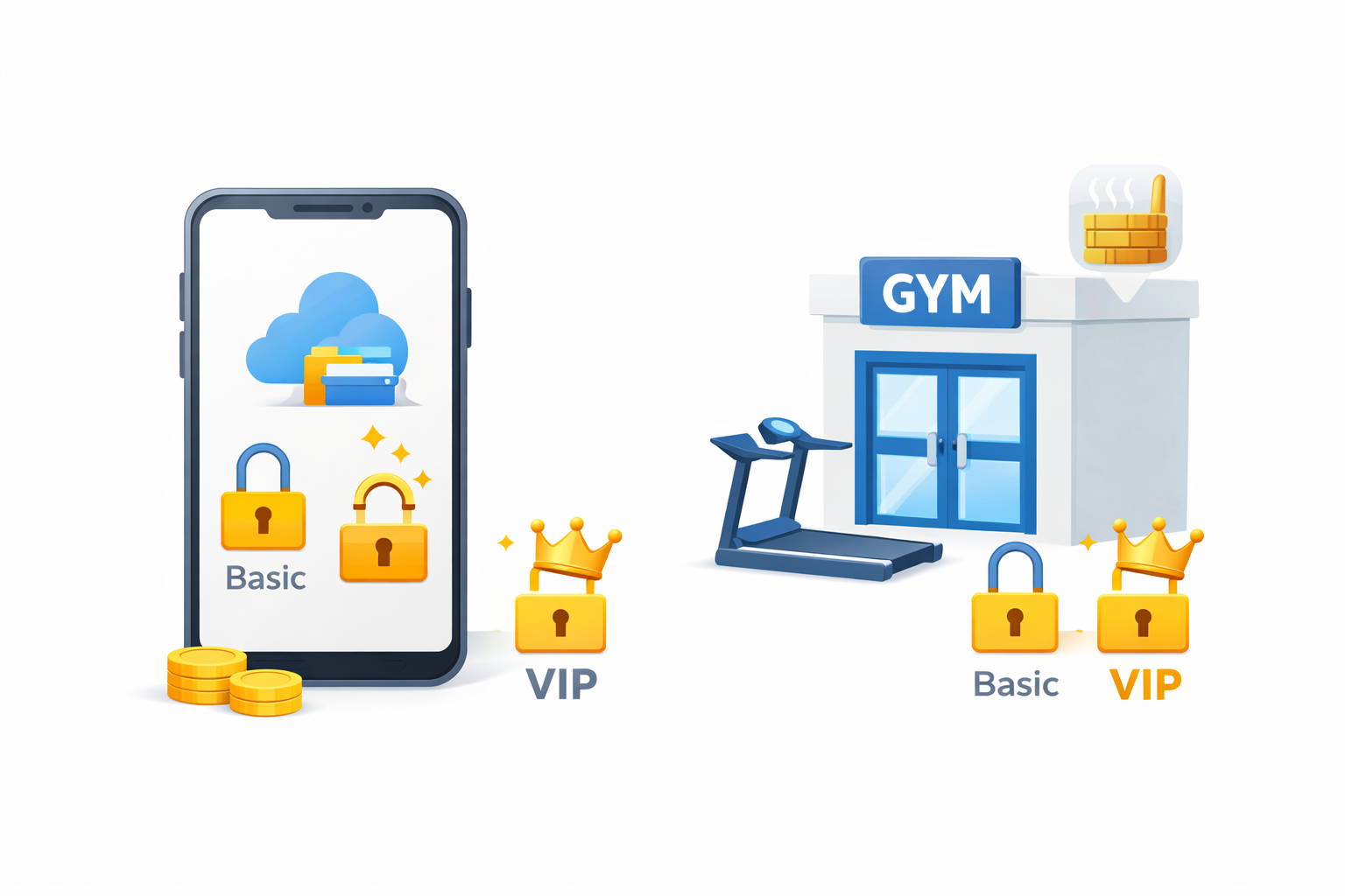 Illustration of a mobile gym membership app and gym entrance showing basic and VIP access levels, cloud storage, and digital subscription management.
