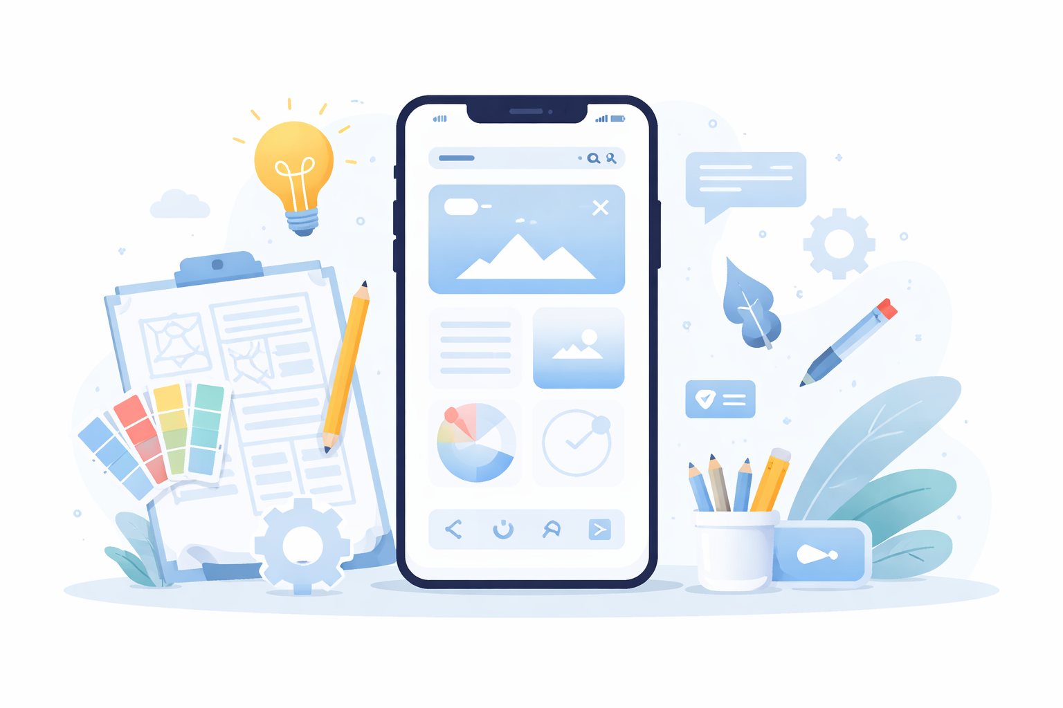 A flat-style digital illustration showing a smartphone with a mobile app wireframe, surrounded by design tools like sketches, a color palette, and icons representing creativity and development."