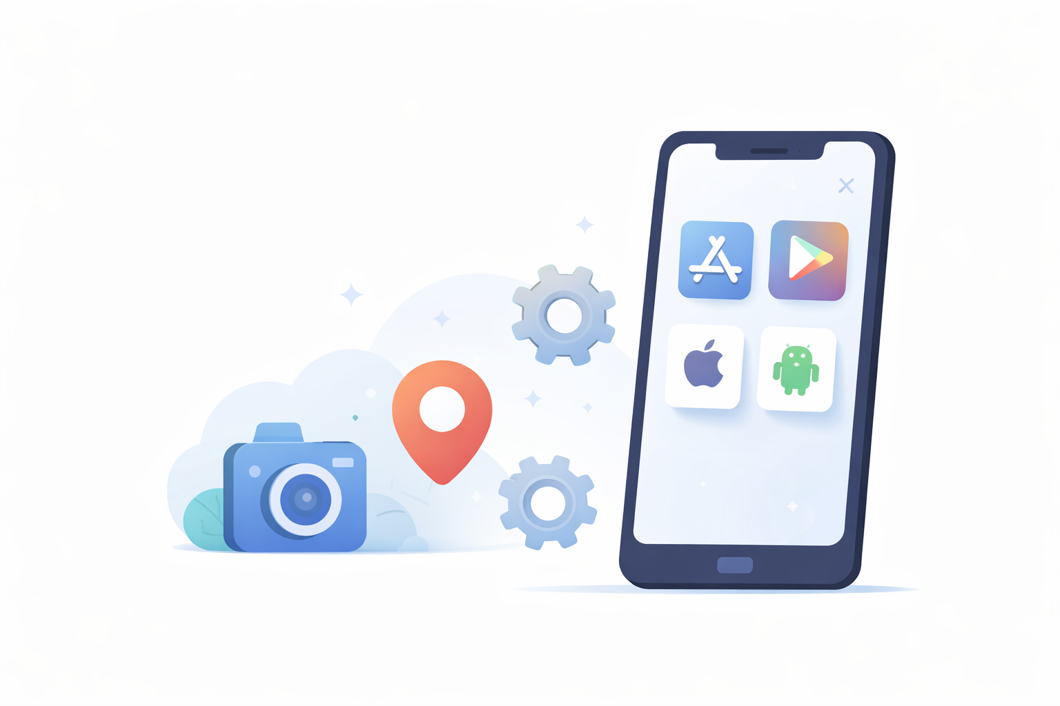 Minimal illustration of a native mobile app showing a smartphone with app store icons and device features like camera, GPS, and settings.