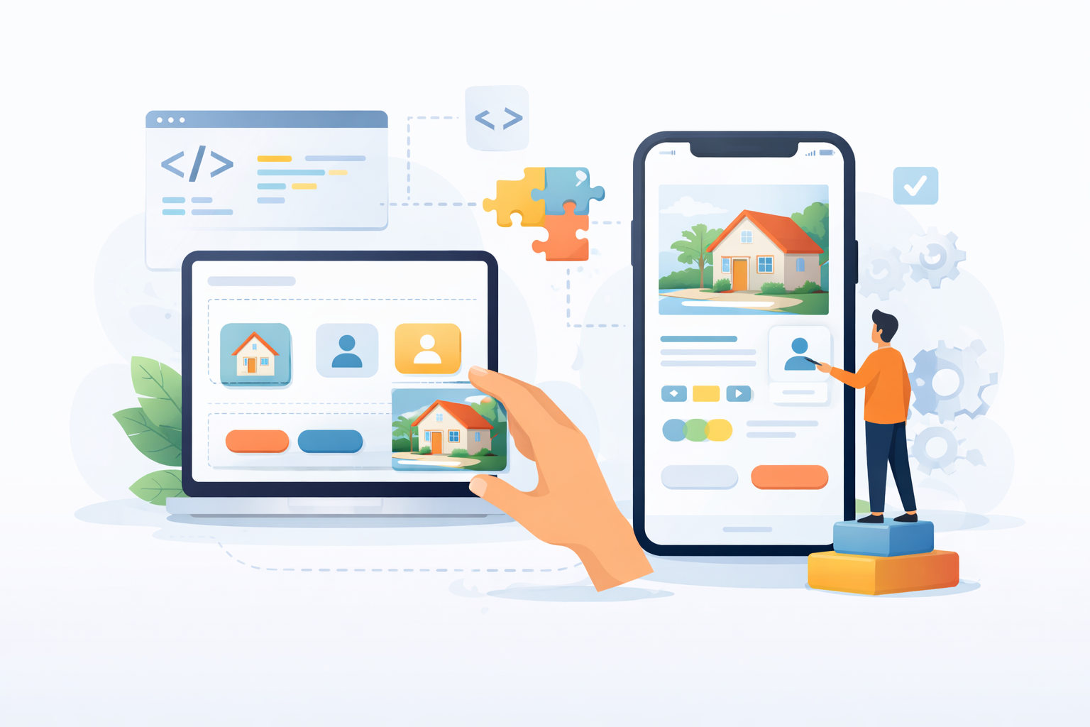Minimal illustration of no-code app development showing drag-and-drop interface and mobile app creation without programming