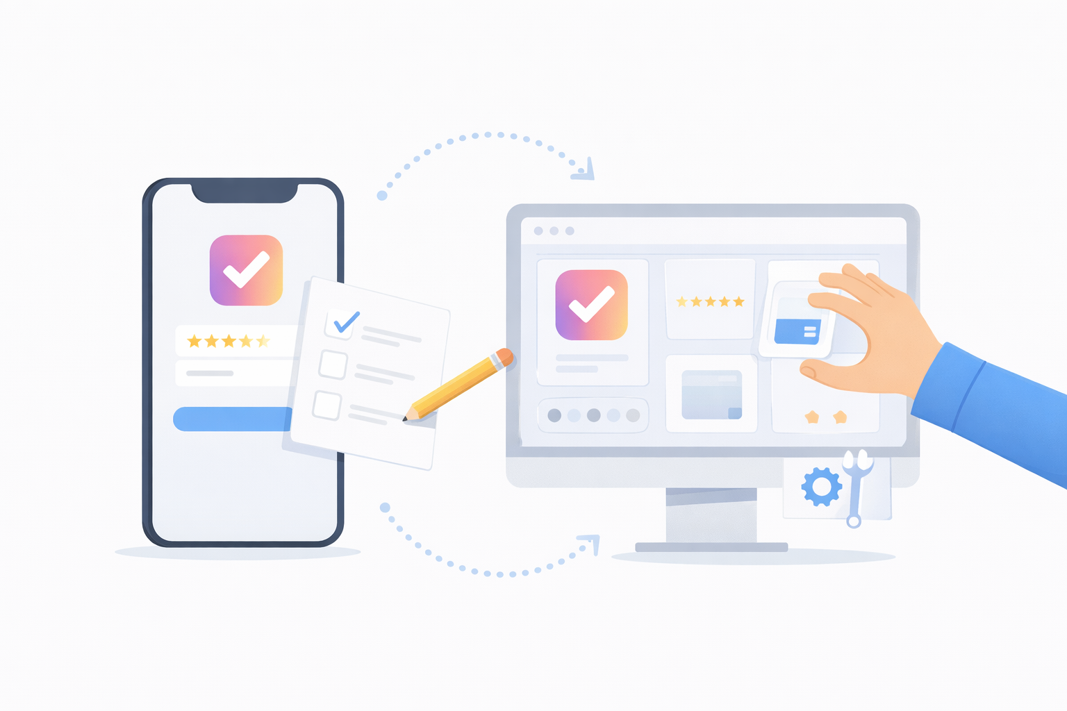 Minimal flat illustration of a no-code app builder connected to a live mobile app screen, showing how creators can test app store assets, onboarding, and retention workflows without coding.