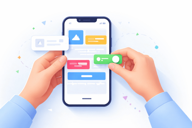 Minimal featured illustration for a no-code guide showing hands assembling colorful app blocks on a smartphone screen, representing drag-and-drop app building without programming.