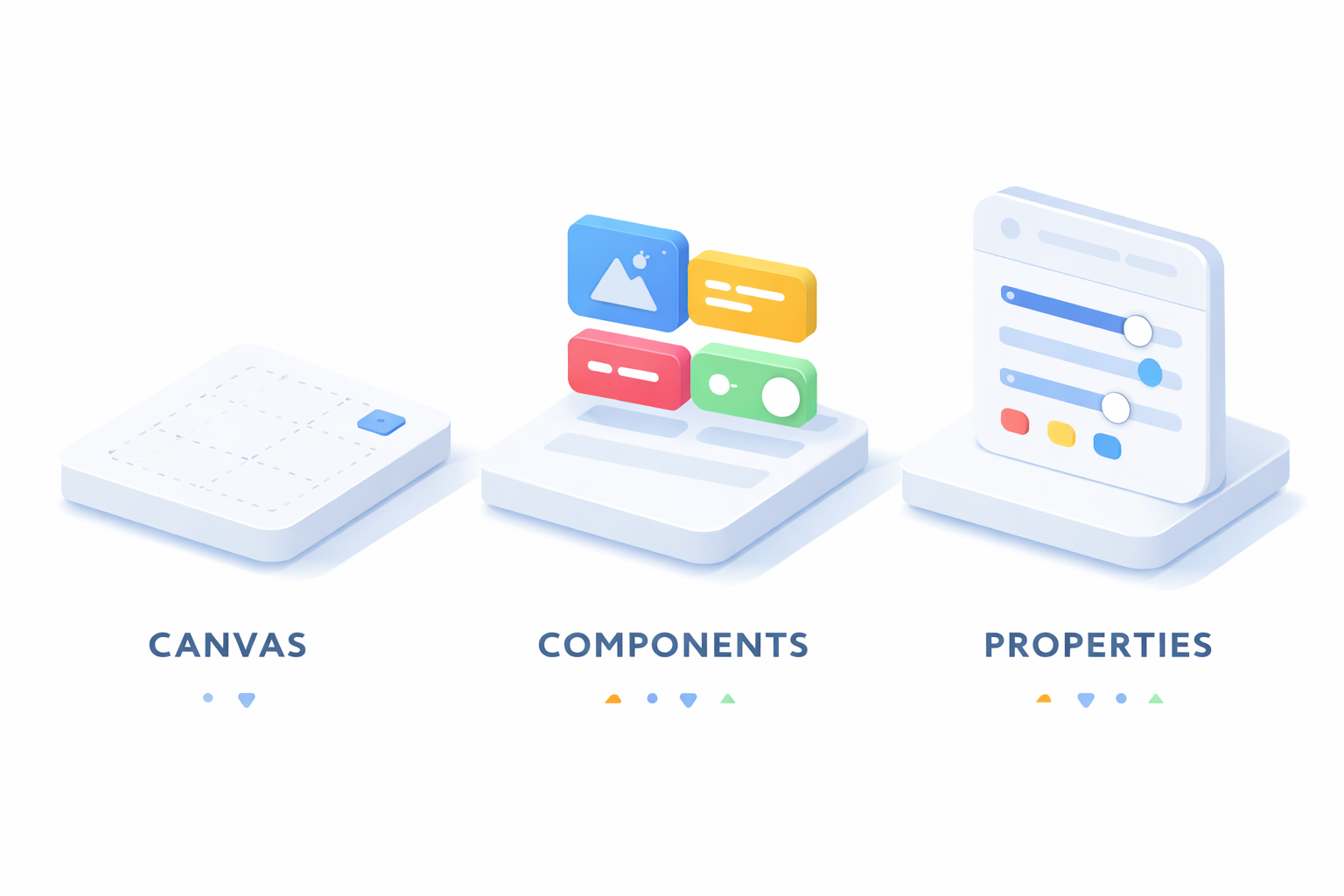 Minimal isometric illustration of a no-code app builder showing a blank layout canvas, colorful draggable interface blocks, and a settings panel for customizing app elements.