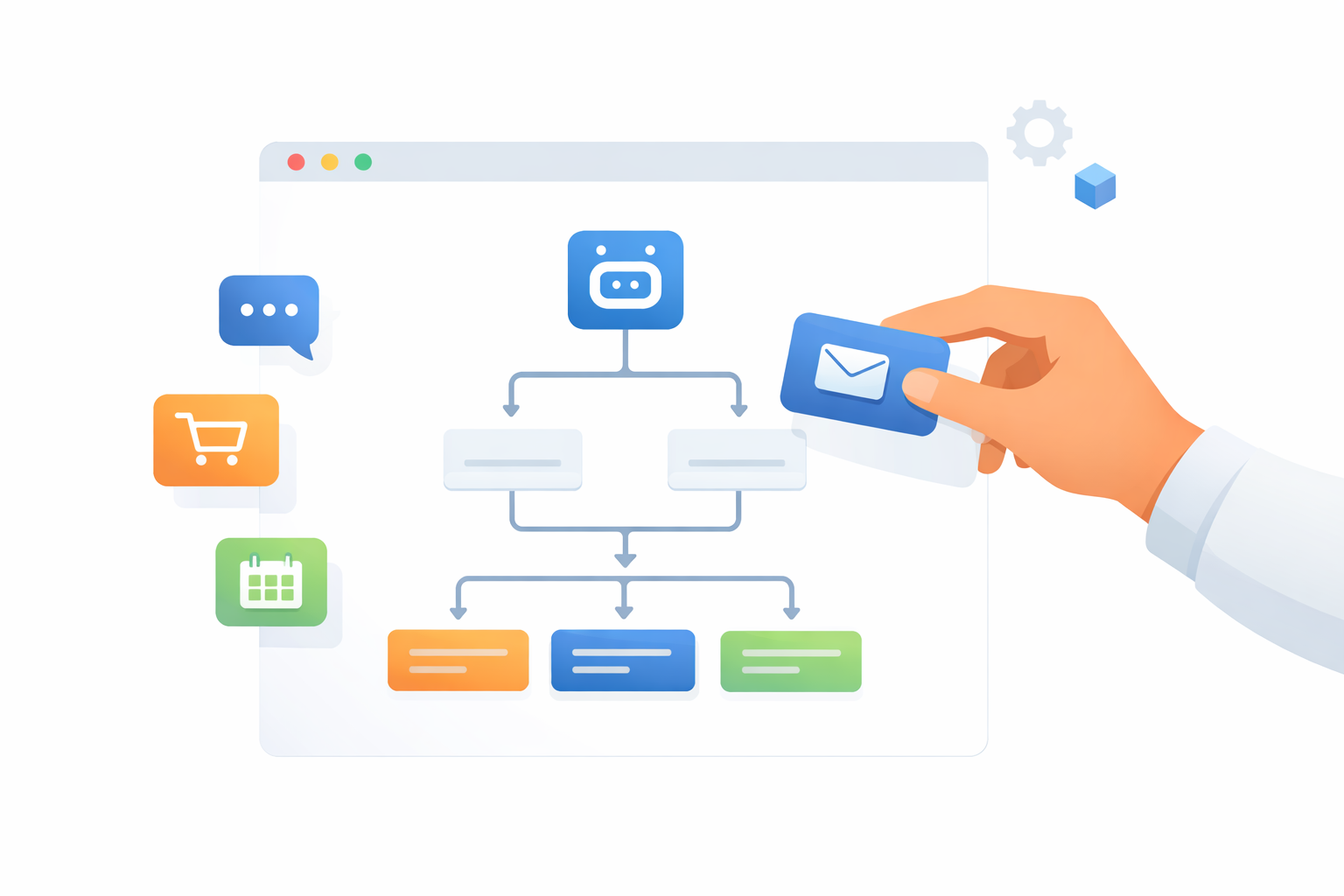 Minimal illustration of no-code chatbot builder showing drag and drop workflow automation interface