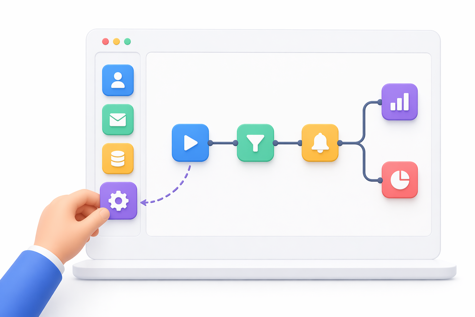 Minimal no-code interface showing a drag-and-drop workflow builder on a laptop screen with connected automation steps