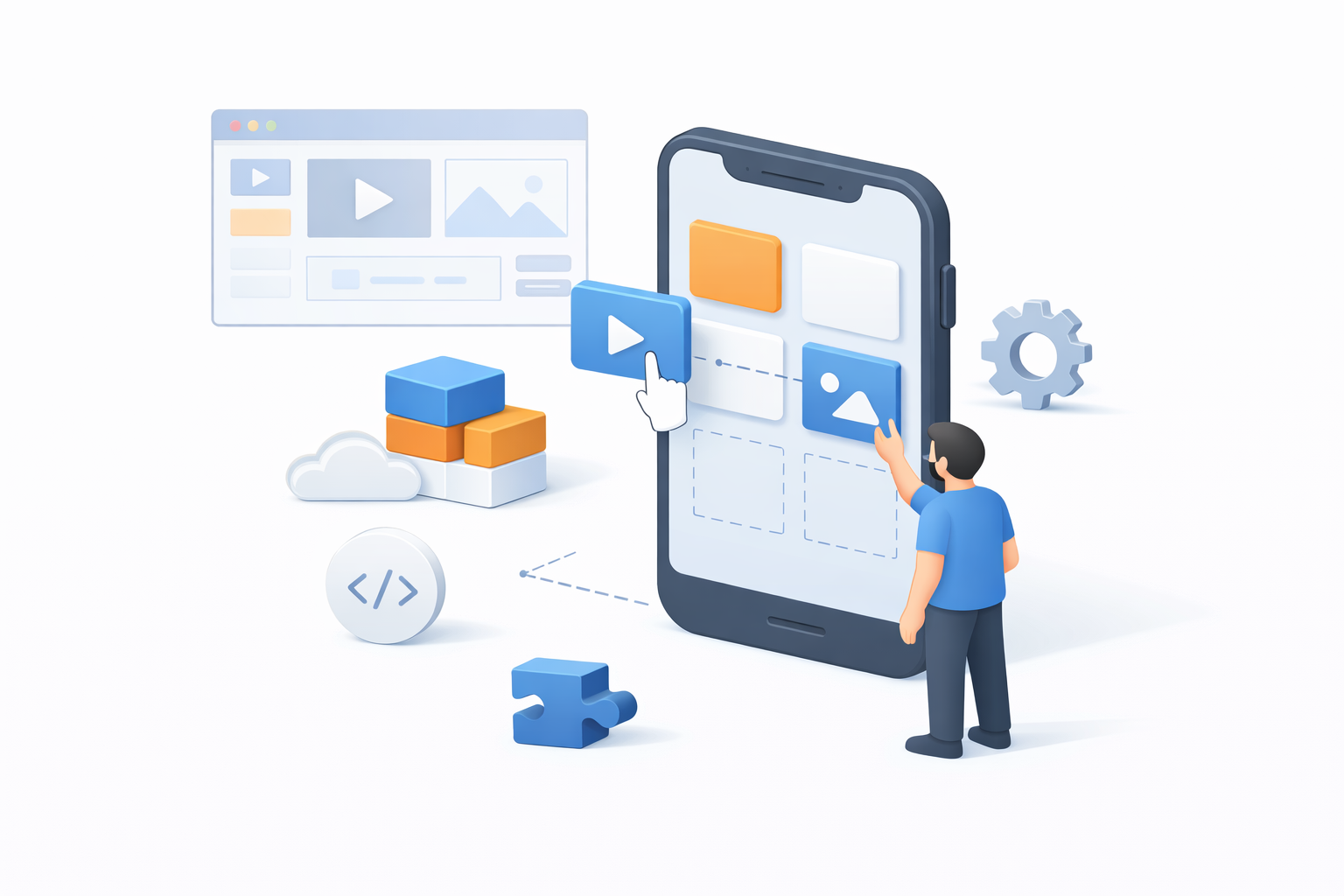Minimal isometric illustration of building a mobile app using a no-code platform with drag-and-drop components