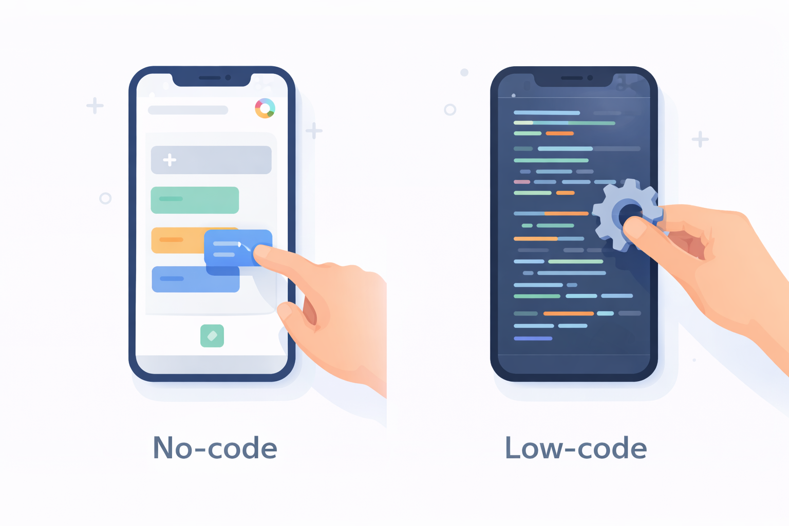 Comparison of no-code and low-code app development interfaces showing drag-and-drop builder versus customizable coding elements