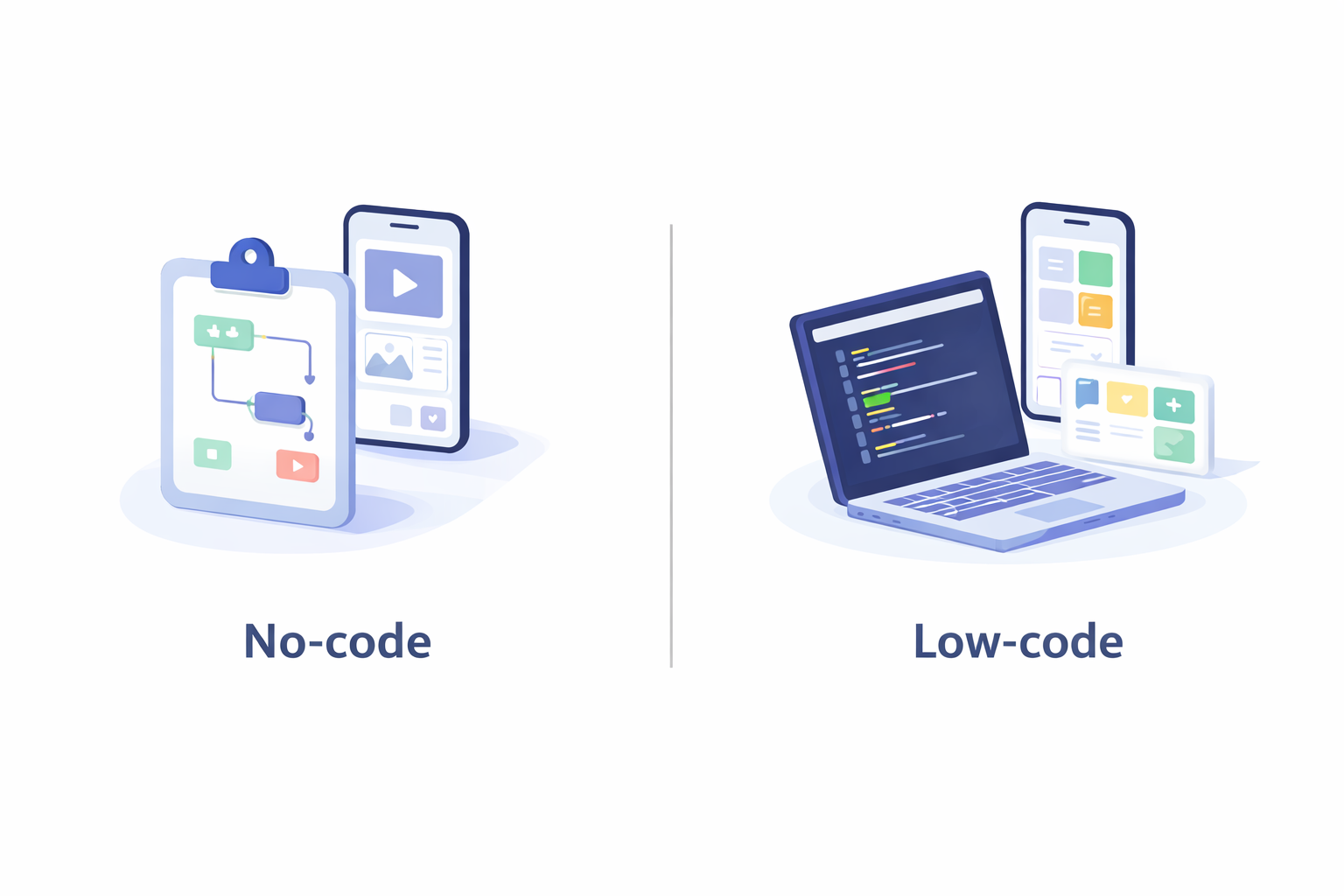 Minimal split illustration comparing no-code and low-code app development with drag-and-drop interface versus coding environment