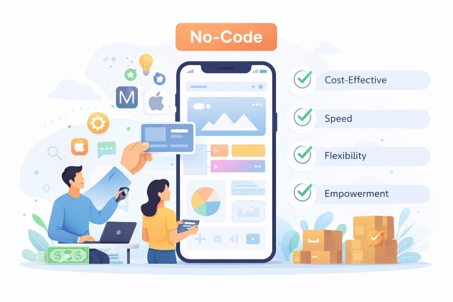 A digital illustration showcasing the benefits of no-code app builders, with a smartphone displaying a drag-and-drop interface and icons representing cost-effectiveness, speed, flexibility, and empowerment."