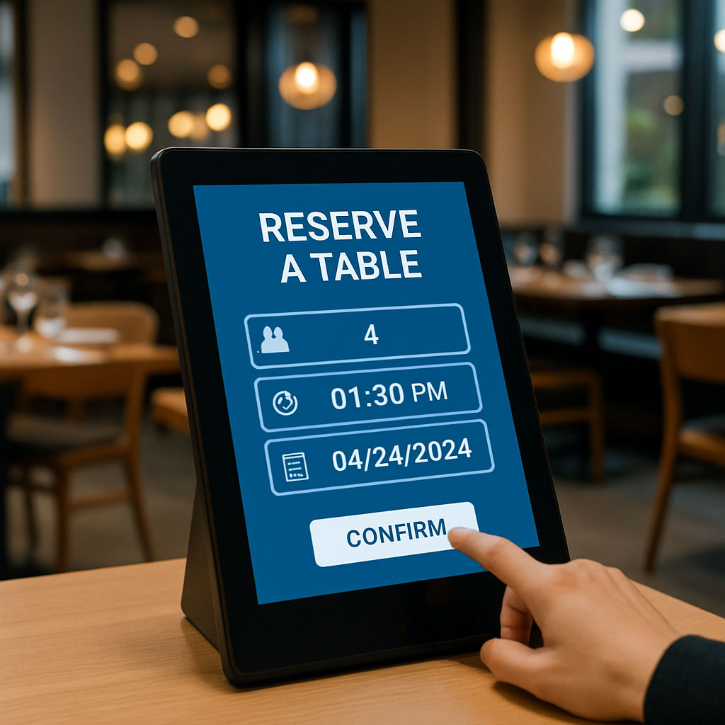 Modern restaurant setting with a digital reservation interface