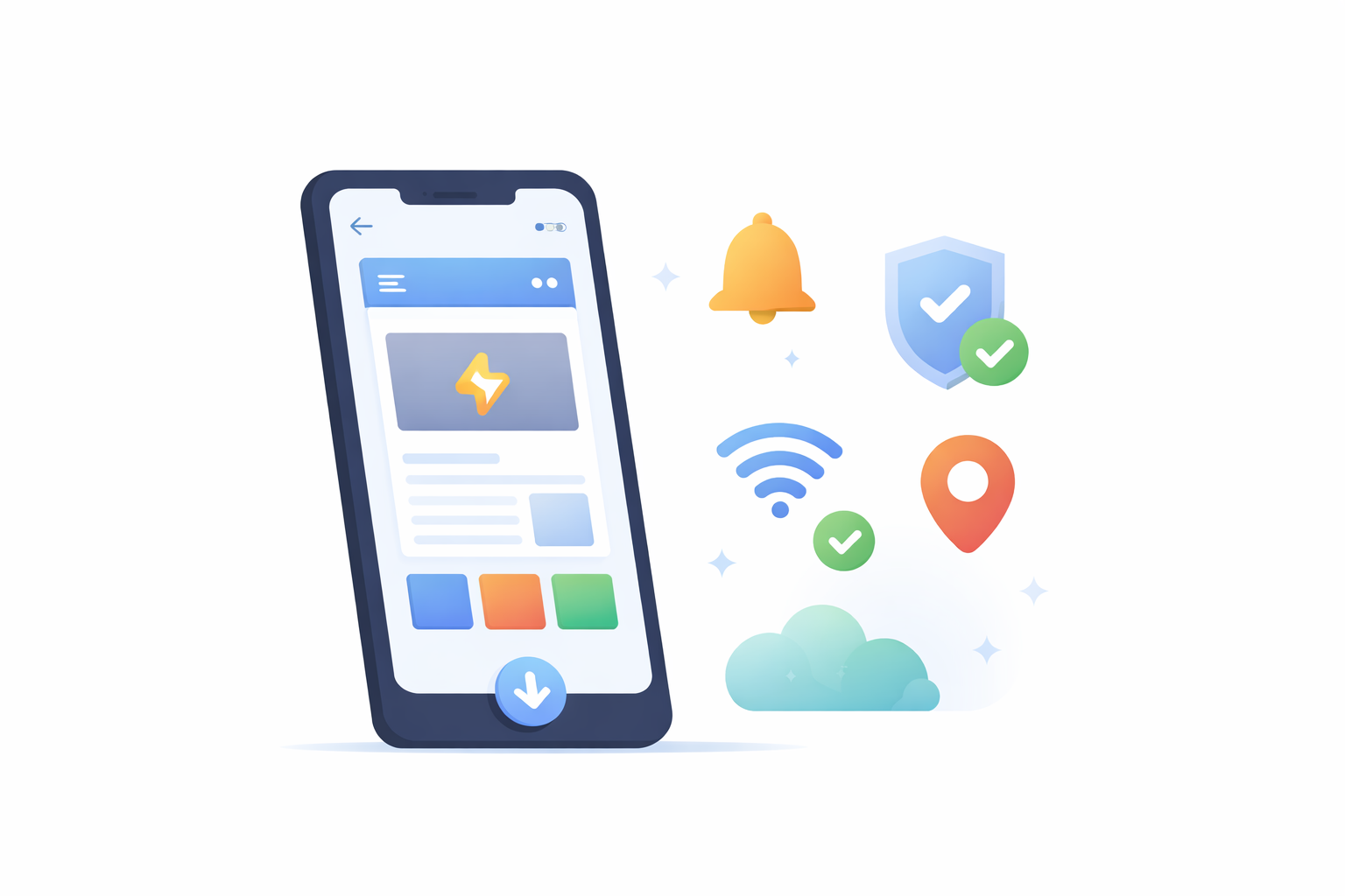 Minimal illustration of a progressive web app on a smartphone with simple icons representing offline access, security, notifications, and connectivity features.
