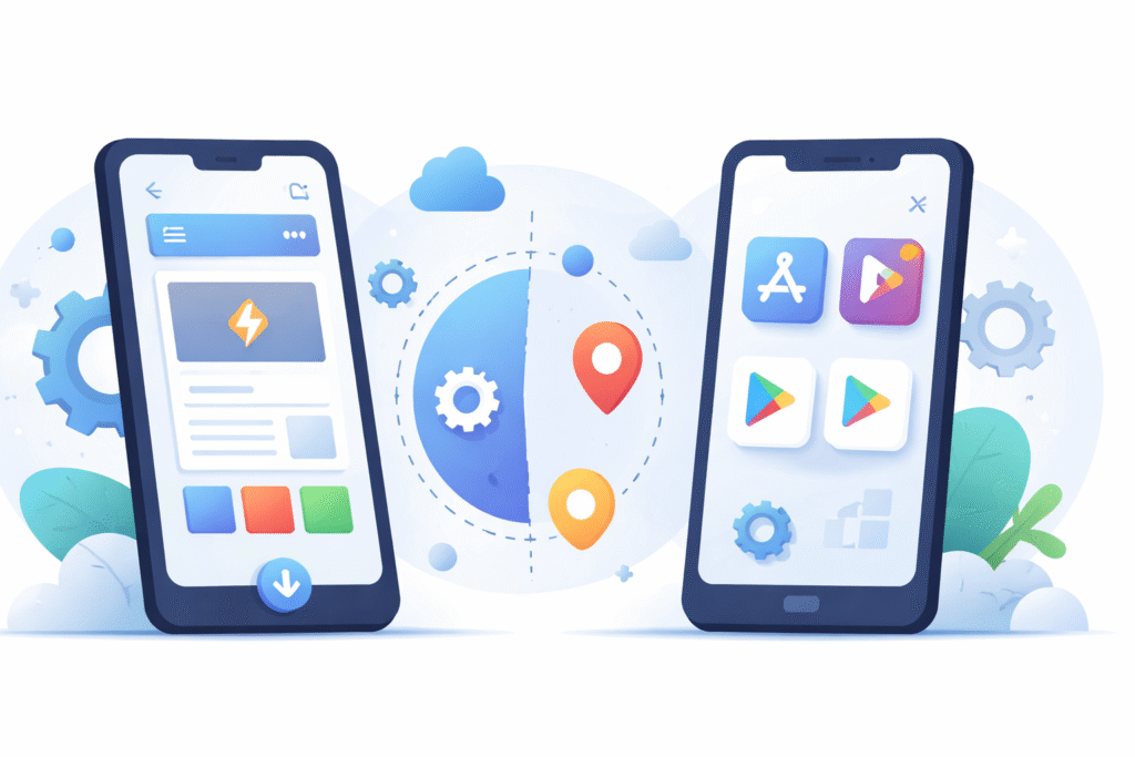 Minimal illustration comparing progressive web apps and native apps using two smartphones, one showing a web interface and the other showing app icons, connected by simple elements representing features and functionality.