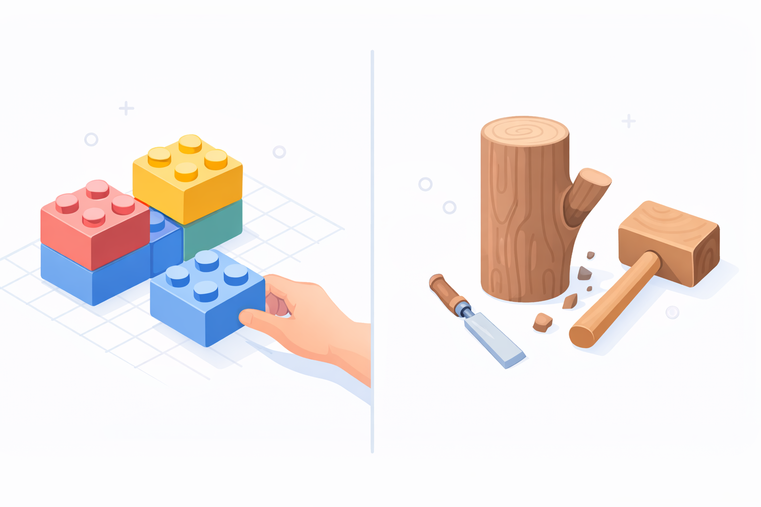 Visual comparison of rapid application development using drag-and-drop blocks versus traditional coding with manual tools