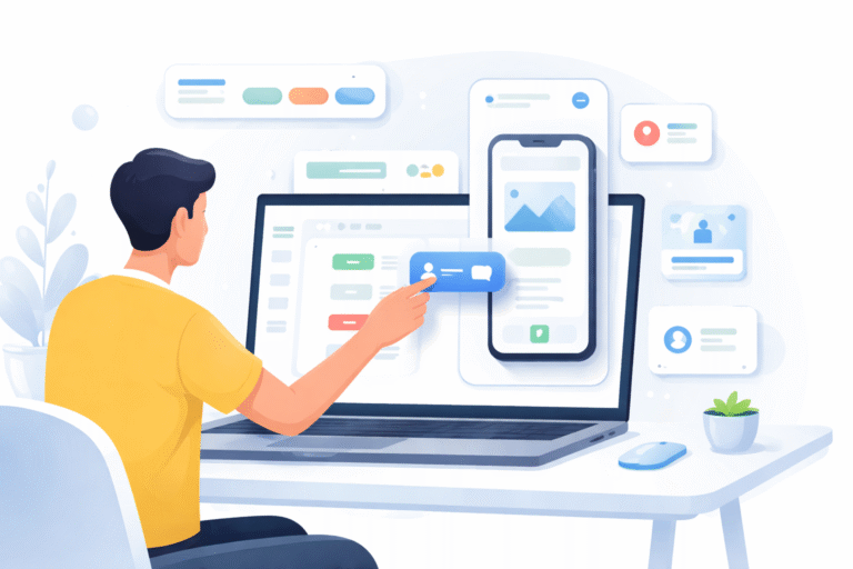 Person using a laptop with drag-and-drop interface to build a mobile app using rapid application development tools